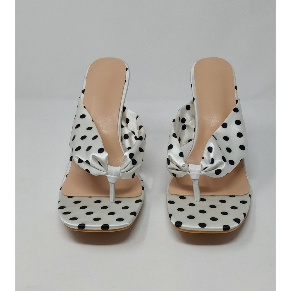 Womens Size 44 White Black Polka Dot Satin Stiletto Mule Heels Square Toe - Picture 3 of 6